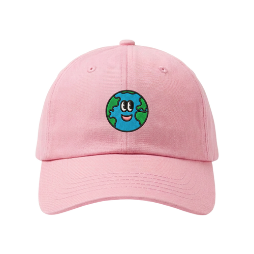 Pink baseball cap with a cartoon Earth design on a transparent background