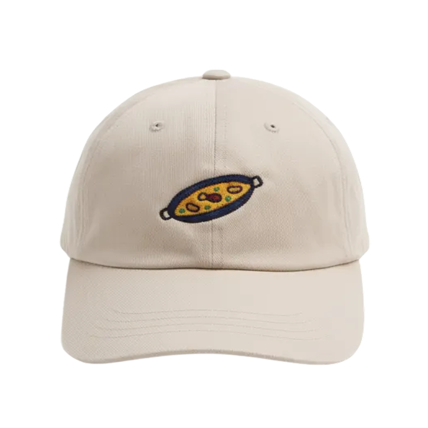 Beige cap with a paella design on a transparent background