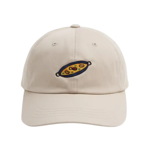 Beige cap with a paella design on a transparent background
