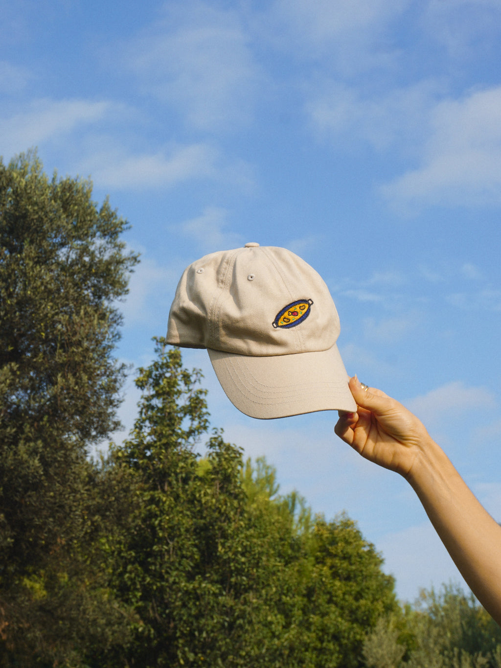 Beige cap held up against a blue sky with trees in the background